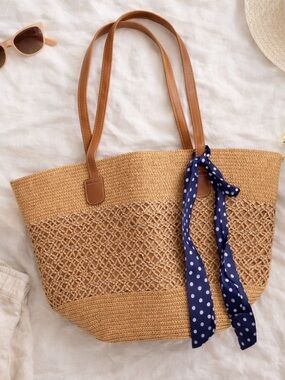 Woven Straw Tote Bag with Navy Polka Dot Scarf - Tan